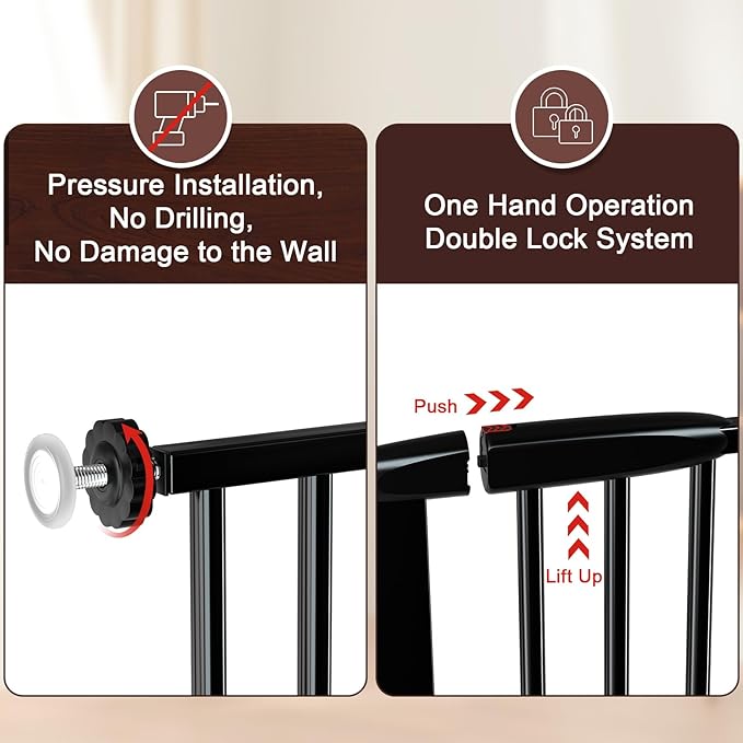 DEARBB Extra Wide Baby Gate Ultra Narrow Spacing 30.11-73.42" Pressure Mounted Double Lock Swing Auto Close Walk Through Metal Safety Pet Gate for Stairs and House Doorway Kitchen,Black 61.61-65.55"