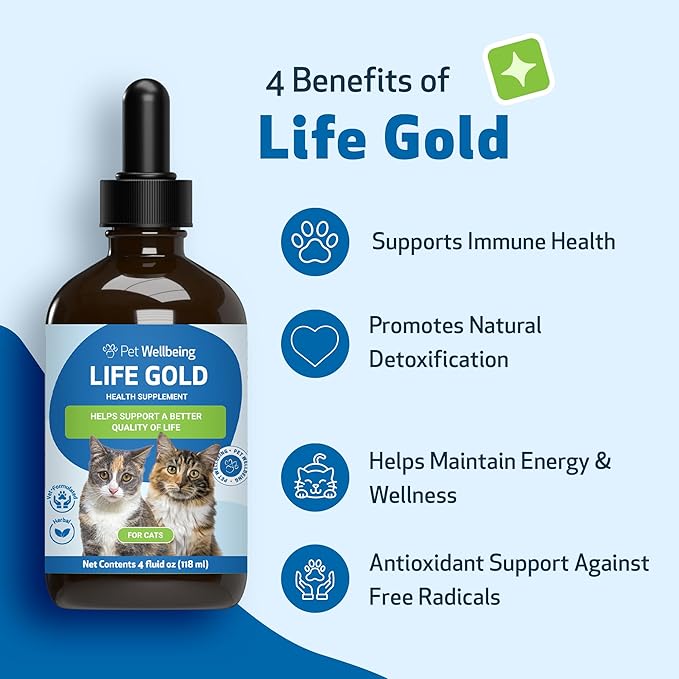 Pet Wellbeing Life Gold for Cats - Supports Detoxification, Immune System Health, Antioxidants - Vet-Formulated Herbal Supplement – 4 oz (118 ml)