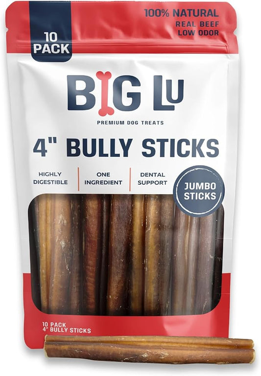 Big Lu - 4” Bully Sticks, 10 Count, 100% Grass-Fed Beef Chews, Fully Digestible, Long-Lasting Treats for Puppies and Small to Medium Dogs, Natural Single-Ingredient Chews for Keeping Dogs Busy