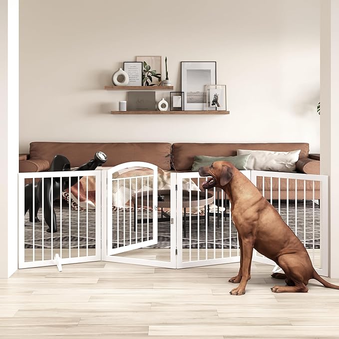 JSB 96-inch Extra Wide 30-inch Tall Dog gate with Door Walk Through, Freestanding Round Tube Pet Gate for Halls Stairs, Puppy Safety Dog Fence with 2PCS Support Feet (White)