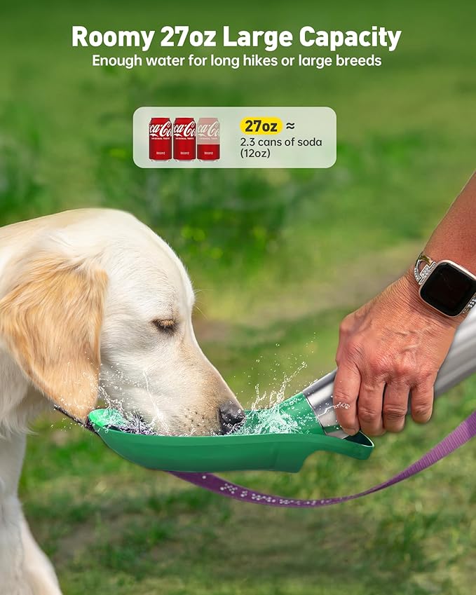 Stainless Steel Dog Water Bottle - 27 oz Portable Travel Dog Bottle & Bowl, Leak Proof Stainless Steel Metal Pet Water Bowl Dispenser for Camping, Hiking, Traveling, Walking (27oz, Green)
