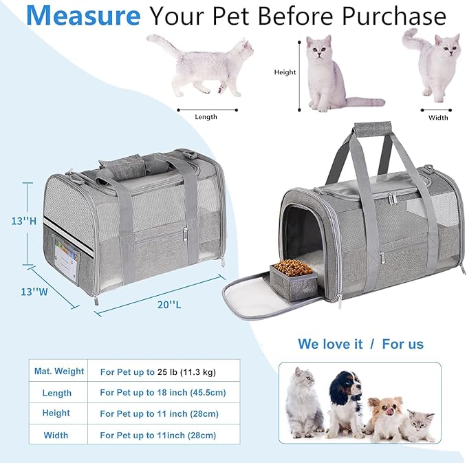 Large Cat Carrier Dog Carrier, Pet Carrier for 2 Cats Large Cats, Dog Carrier for Medium Small Dogs, Collapsible Soft Sided Pet Carrier for Dogs Puppy of 25 Lbs, Grey