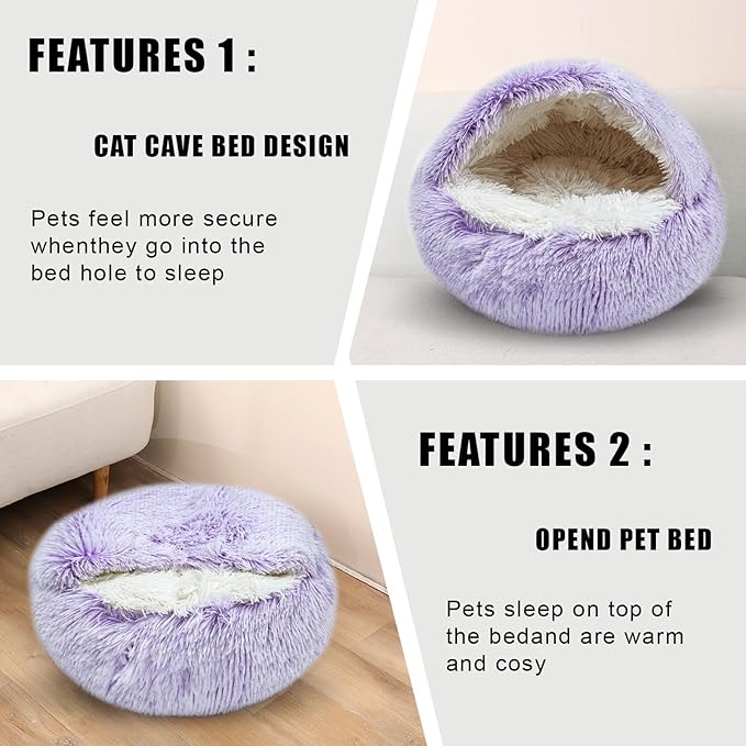 Cat Beds for Indoor Cats,Cat Cave for Puppy and Kitty,Calming Small Dog Bed for Small Dogs with Cover Cave,Cozy Warming Fluffy Washable Anti-Slip Pet Sleeping Bag(24 * 24inch,Purple)