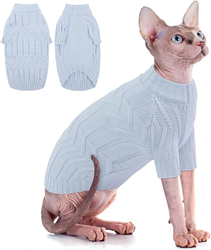 ASENKU Cat Sweater Soft Warm Puppy Clothes Knitwear for Kittens & Small Dogs, Thick Knitted Sweater for Sphynx Hairless Cats Teacup Chihuahua and Extra Small Dogs (Blue, L)
