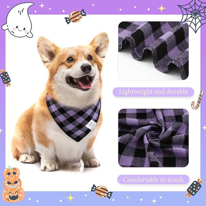 E-Clover Halloween Dog Bandanas & Matching Scrunchie-Plaid Dog Bandana Girl Boy Pet Scarf Kerchief for Medium Large Dogs Puppy Owner Mom Gifts Purple