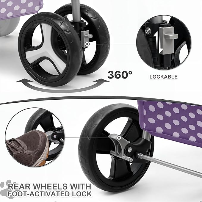 MoNiBloom 3 Wheels Pet Dog Cat Stroller for Small Medium Dogs Cats, Foldable Jogger Stroller w/Storage Basket and Cup Holder, Purple Polka Dots