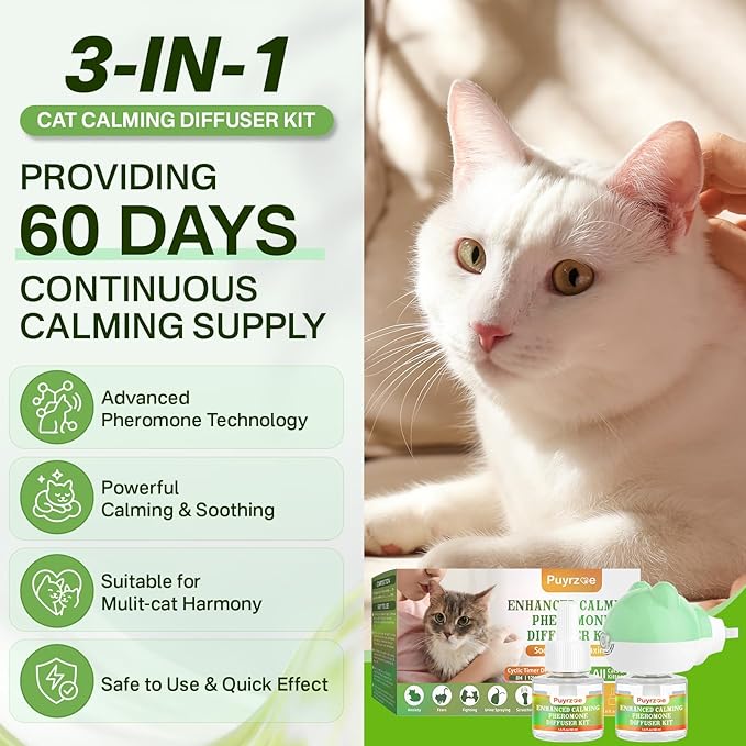 Cat Calming Diffuser with 3 Timing Functions, 3-in-1 Cat Pheromones Calming Diffuser Kit, 60-Day Anxiety Relief, Stress Reduction & Relaxation for All Cats (1 Diffuser + 2 Refills)