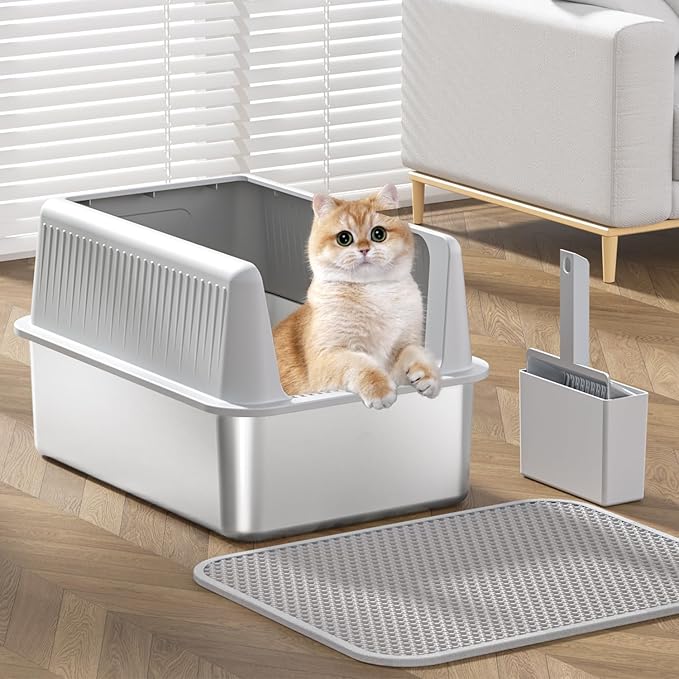 Stainless Steel Cat Litter Box with Lid,XL,19.7”L x 13.8”W x 11.8”H Deep,Metal Litter Box with High Side,for Small and Large Cats,with a Scoop and Scoop Storage Box Litter Mat Double,Easy Cleaning