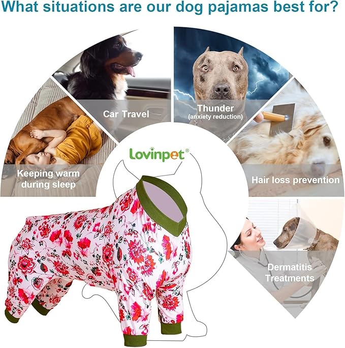LovinPet Dog Pjs - Medium Dog Anxiety Relief Pajamas, Anti-Licking Recovery Onesie, White Pink Floral Print, Large