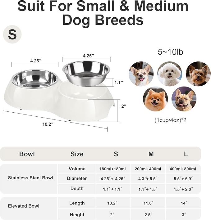 Stainless Steel Dog Bowls Set – Dual Non-Slip Pet Dishes with 2 Small (4oz*2) Bowls & Durable Resin Stand,Food & Water Feeder for Kittens– White