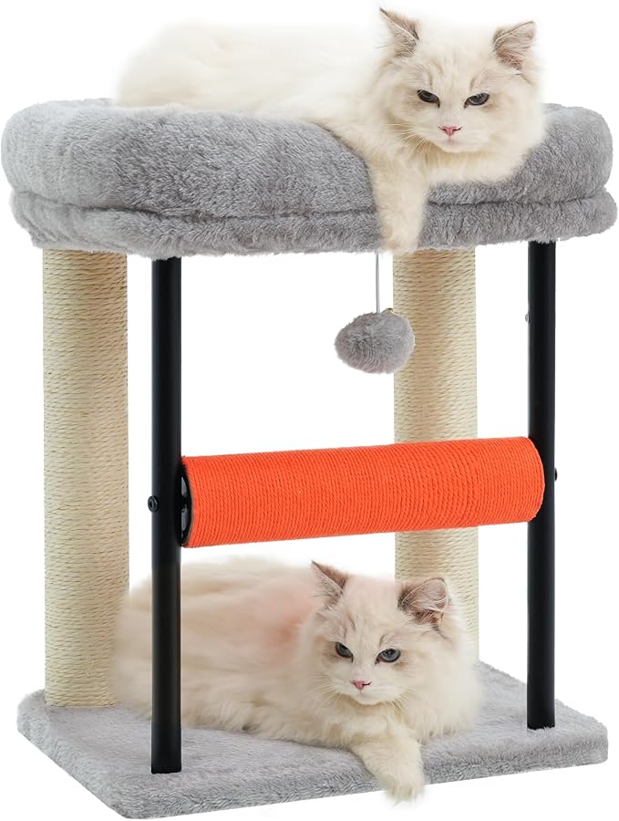 Hey-brother Cat Tree, Cat Scratching Posts with Bed, Sturdy Tower with Fully Sisal-Wrapped Columns and Plush Toy Ball for Indoor Kittens, 18.9 inches, Light Gray MPJ010SW