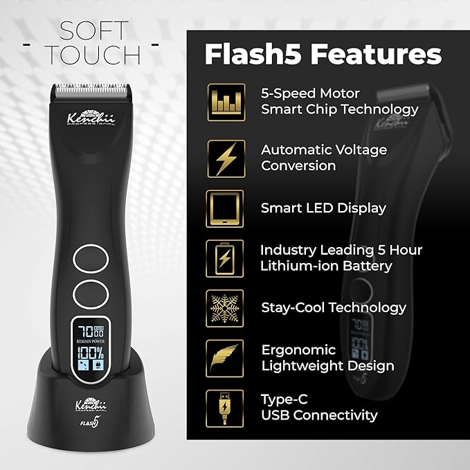 Kenchii Flash 5 Matte Black 5-in-1 Pet Grooming Clipper Digital LCD Stay-Cool Blade Precision Pet Grooming Trim, Shape, Sleek and Ergonomic Design