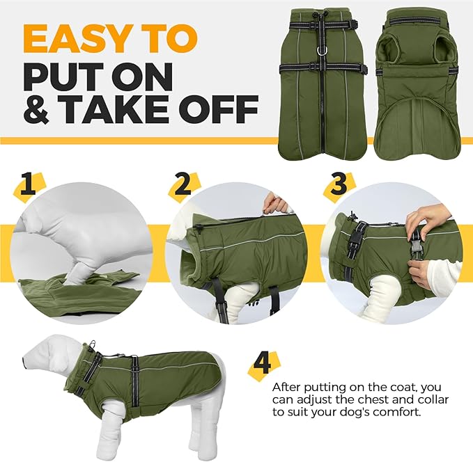 Lelepet Waterproof Dog Jacket with Harness Built in Warm Dog Winter Coat, Reflective Fleece Jacket, Dogs Coats for Lage Dogs, Thermal Pet Snowsuit for Outdoor Walking, French Bulldogs, Army Green, L