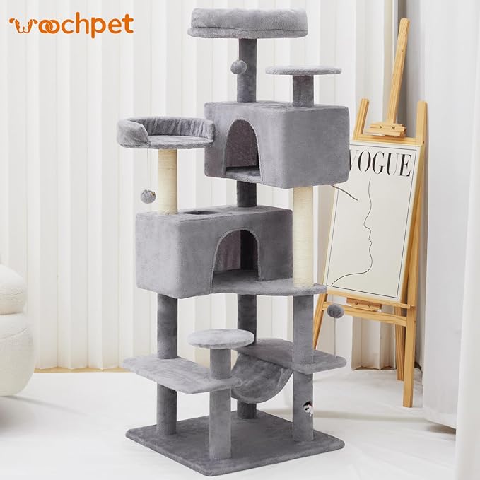 Cat Tree Tower with Large Hammock 54in Multi-Level Cozy Large Cat Tree with 2 Condo Top Perch Scratching Posts and Fun Cat Toys for Indoor Cats（Light Gray）