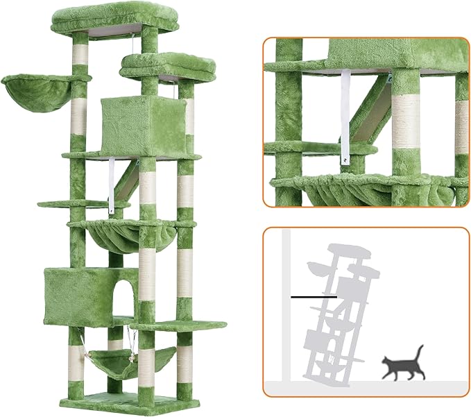 Heybly Cat Tree, 71-Inch Tall Tower for Indoor Cats with 2 Perches, 2 Big Condos, 2 Hammocks, Basket, Scratching Pad, Large Cat Furniture and Condo, Green HCT034GR