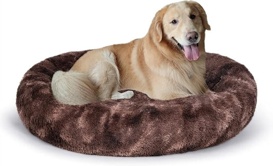 Coohom Oval Calming Donut Cuddler Dog Bed,Shag Faux Fur Cat Bed Washable Round Pillow Pet Bed(30"/36") for Small Medium Dogs (XXL(43"x34"x8"), Brown2021)