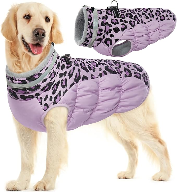 FUAMEY Dog Coat for Large Dogs,Waterproof Dog Winter Jacket with Harness Built in Puppy Cold Weather Coats Reflective Pet Vest with Zipper Warm Fleece Dogs Snowsuit Windproof Purple Leopard L