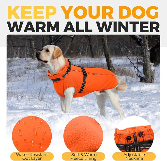 Lelepet Dog Winter Coat Waterproof Dog Jacket with Harness Built in Windproof Reflective Pet Coats for Small Medium Large Dogs, Thermal Fleece Lined Coats for Cold Weather Walking Hiking, Orange, L