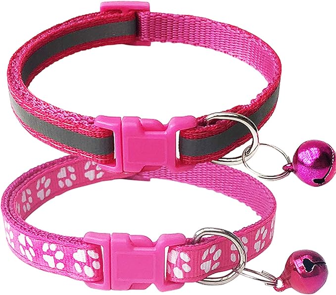 CHBORCHICEN 2-Pack Footprint & Reflective Cat Collar with Bell Basic Dog Cat Collar Buckle Adjustable Polyester Cat Dog Collar or Seatbelts (Small, Rose)