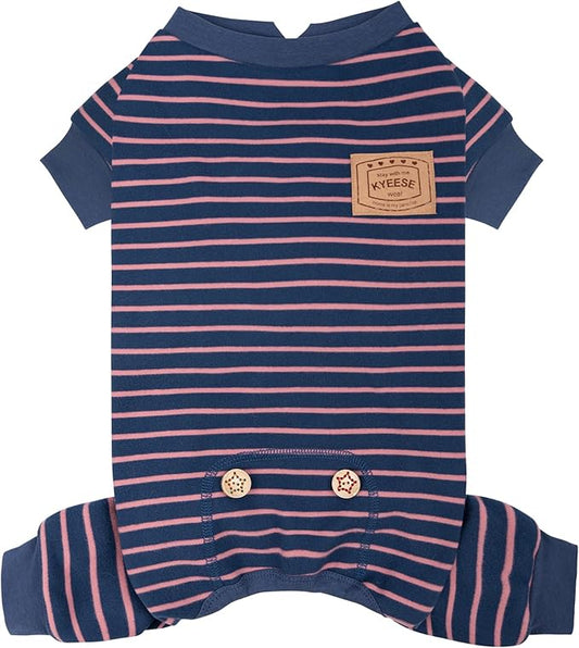KYEESE Dog Pajamas, Soft 4 Legs Doggie Jammies, Striped Velvet Fleece Dog PJS, Pet Jumpsuit Puppy PJS, Soft Pajamas Stretchable Outfit, Cozy Onesie Sleepwear,Navy Blue Striped, Small