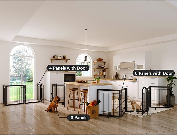 JSB 144-inch Extra Wide 30-inch Tall Dog gate with Door Walk Through, Freestanding Pet Gate for Halls, Stairs & Home, Pet Puppy Safety Dog Fence with 2PCS Support Feet (Black)