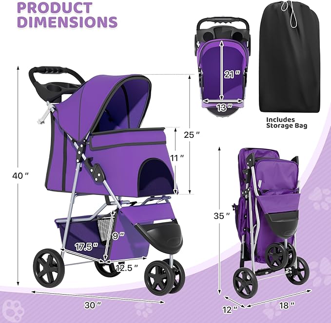 Magshion 3-Wheel Pet Stroller, Foldable Travel Jogger for Small & Medium Dogs & Cats (Up to 33lbs), Lightweight Carrier with Breathable Mesh Cover, Cup Holder & Storage Basket, Purple