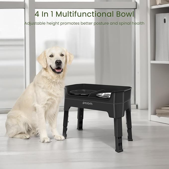 KPWACD 4-in-1 Elevated Slow Feeder Dog Bowls, 4 Height Adjustable Mess Proof Raised Dog Bowl Stand with Licking Plate, 2 Stainless Steel Doggy Food Bowl & Slow Feeder for Large Medium Small Pets