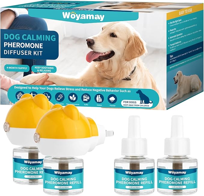 Dog Calming Diffuser - Dog Pheromones Calming Diffuser for Dog Anxiety Relief 6-in-1 Dog Pheromone Diffuser Kit with 2 Diffuser + 4 Refill 48ml Vial - 120 Days Pheromone Diffuser to Calm Dogs