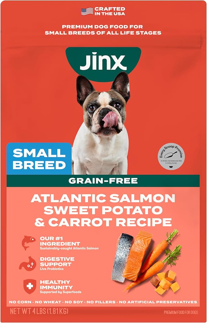 Jinx Premium Dry Dog Food Small Breed - Real Salmon, Brown Rice & Sweet Potato Kibble with Superfoods for Immune Support & Probiotics for Digestive Support - No Fillers – 4lb