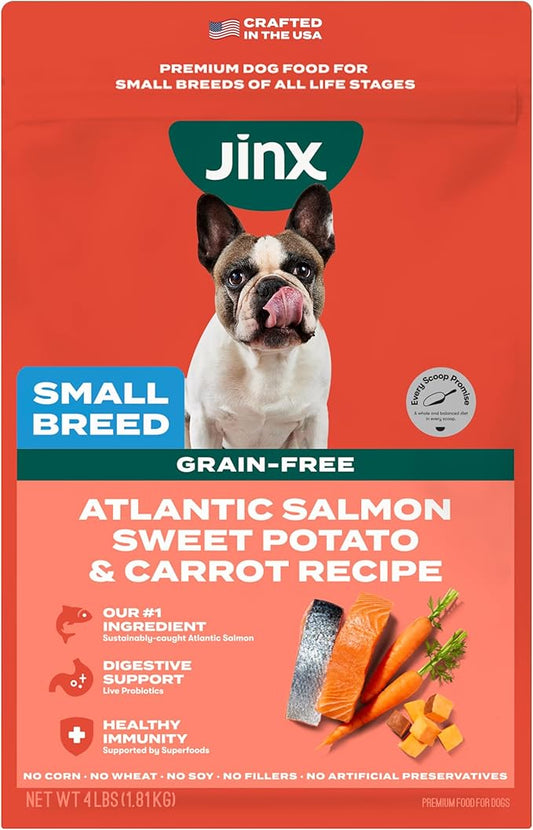 Jinx Premium Dry Dog Food Small Breed - Real Salmon, Brown Rice & Sweet Potato Kibble with Superfoods for Immune Support & Probiotics for Digestive Support - No Fillers – 4lb