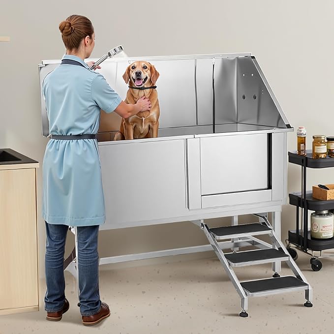 VEVOR Stainless Steel Dog Washing Station, 62 inch Pet Grooming Tub w/Stairs, PE Water Filter Board, Faucet & Showerhead & Soap Holder Dog Bathtub for Large & Medium & Small Pets (Right Door)