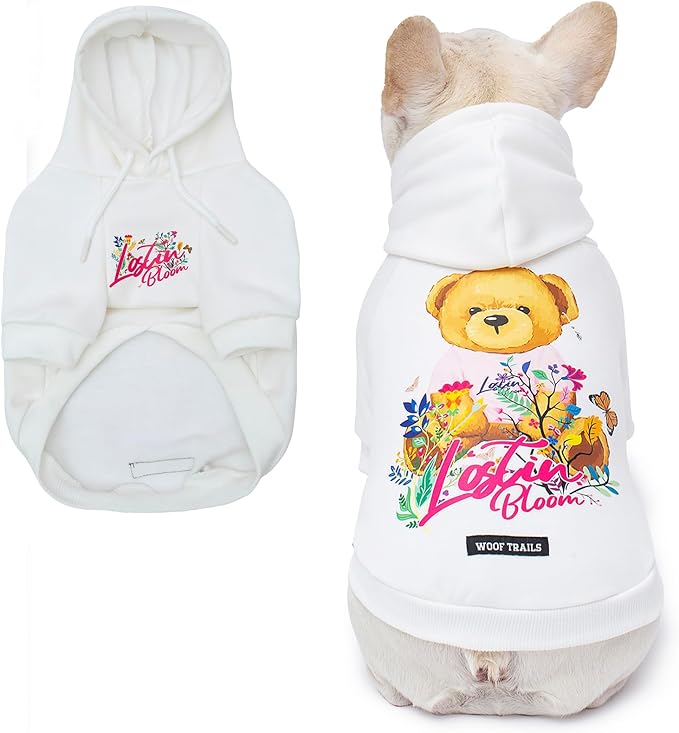 Blooming Teddy Dog Hoodie Dog Clothes Extra Warm Fleece Lining Stretchy Fit for Small Dogs ((White, Small))