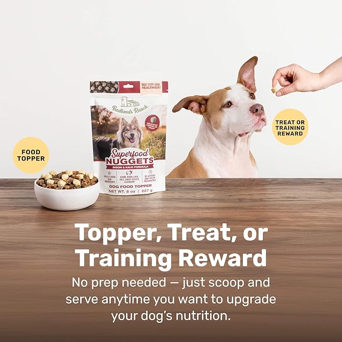 Superfood Nuggets- Premium, Freeze-Dried raw Dog Food Topper or Treat. Powerful Nutrient-Dense Ingredients. No Artificial additives. Bison and Kale Formula 8oz - 4pk Bundle
