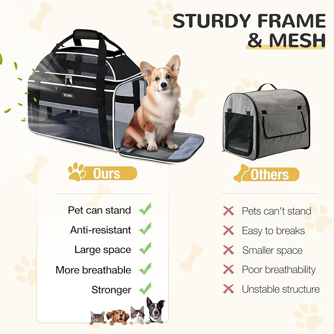 Lekereise Top-Expandable Pet Carrier - TSA Airline Approved Soft Sided Underseat Up to 12lbs Travel Carriers for Small Cats and Dogs with Locking Safety Zippers Anti-Scratch Mesh Black