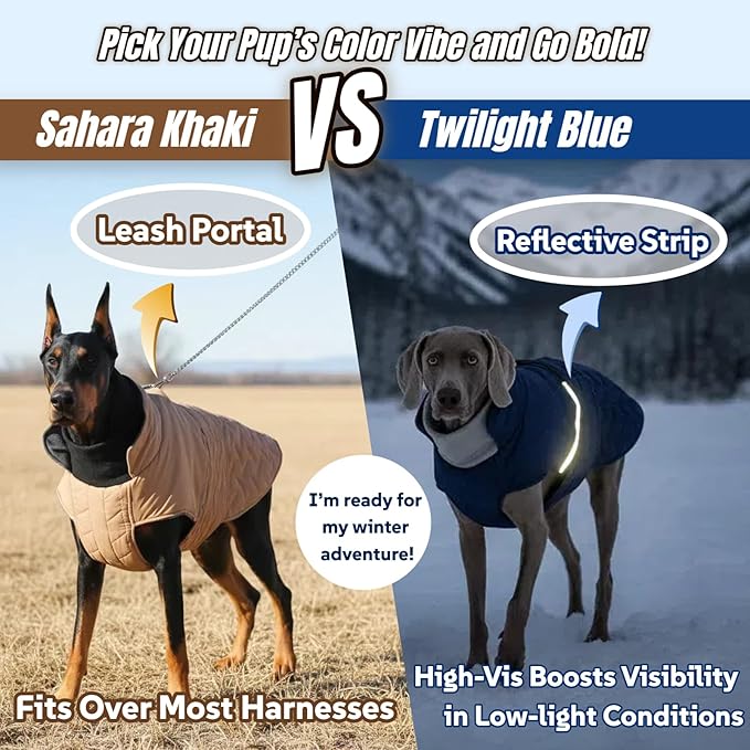 Outdoor Classic Quilted Upgraded Dog Winter Coat, Waterproof & Warmth Coats for Extra Large Dogs, Easy On & Off Jacket Chest Adjustable, Thick Pet Jackets for Great Dane Doberman(Khaki, 3XL)