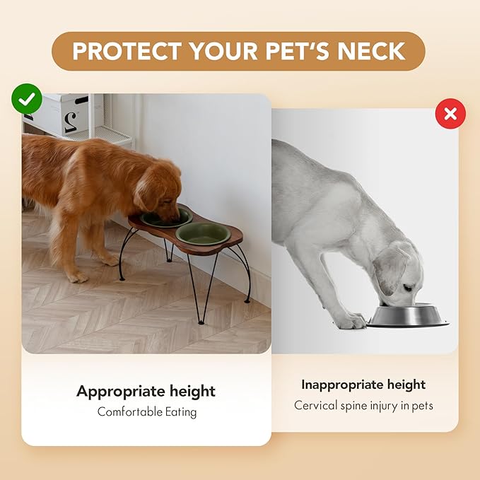 Ceramic 8.7-inch Raised Double-Bowl Set with Non-Slip Stand, Food & Water Dishes for Large Dogs, Wide Opening with Rounded Edges(Olive Green)