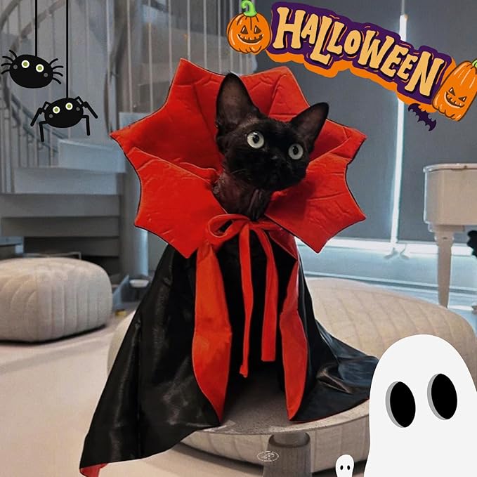 Cat/Dog Vampire Costume, Cute Funny Scary Pet Cape Cloak Clothes for Kitten & Small Medium Large Dogs, Dress Up Outfit for Halloween Cosplay (Small)