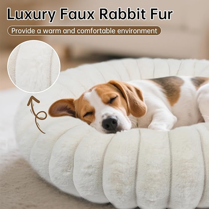 Donut Dog and Cat Bed, Luxurious Comfortable Faux Rabbit Fur Pet Beds, Round Anti-Anxiety Calming Puppy Kitten Bed with Anti-Slip Bottom for Small Dogs & Cats(20", White)