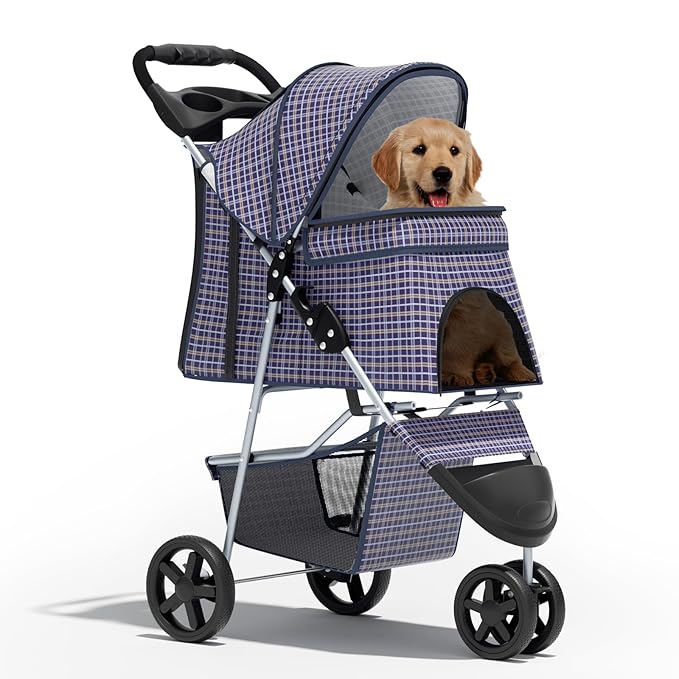 Cat Dog Stroller,3-Wheels Pet Stroller for Medium/Puppy Dogs 30 Lbs, Cat Strollers for 1 Cats, Foldable Dog Stroller with Storage Basket and Cup Holder, Breathable Mesh Plaid