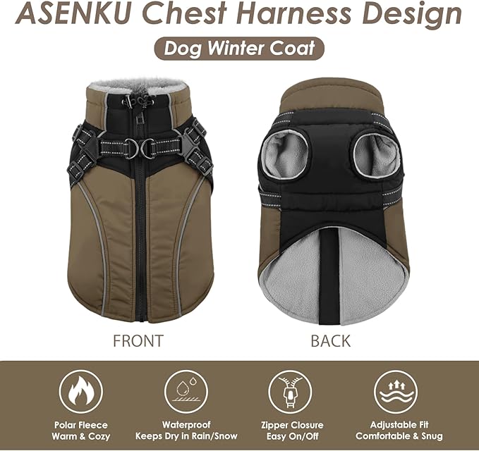 ASENKU Reflective Dog Coat with Built-in Harness, Windproof Fleece-Lined Dog Jacket for Small, Medium, Large Dogs, Warm Winter Vest with Turtleneck & Zipper (Khaki 3XL)