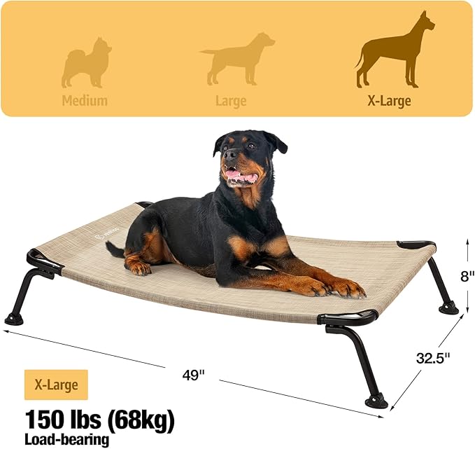Veehoo Outdoor Elevated Dog Bed, Cooling Raised Dog Cot Bed XL, Portable Waterproof Curved Dogs Hammock Beds for Outside, up to 150lbs, Black Legs, Beige 49"