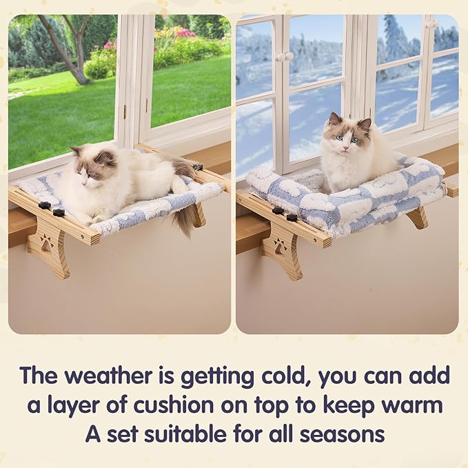 Cat Sill Window Perch Sturdy Hammock Window Seat with Cushion Bed Cover, Premium Wood & Metal Frame for Cats, Easy to Adjust Cat Bed for Windowsill, Bedside and Drawer (White-Blue, 15)