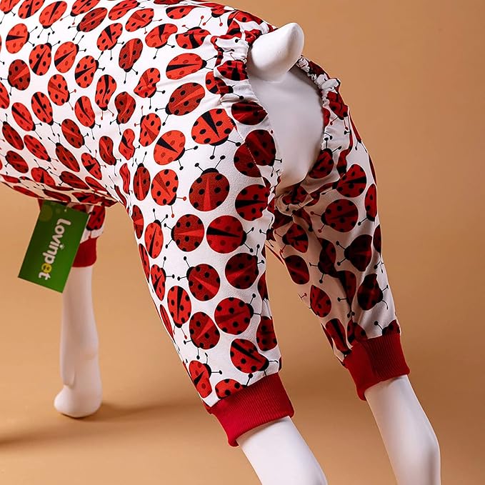 LovinPet Large Dogs Pajamas Clothes, Pitbull Onesie, Slim Fit, Lightweight Pullover Pajamas, Pitbull Clothes, Full Coverage Dog Pjs, Red Ladybug Prints, Full Coverage Large Breed Dog Pjs, 3XL