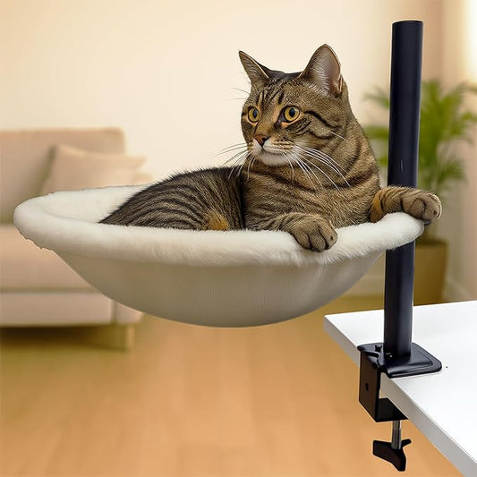 Cat Desk Bed - 360° Rotating & Height Adjustable, Cat Bed for Desk with Hammock, Sturdy Cats Bed for Desk with Removable Washable Cover, Supports Up to 50lbs, for Indoor Cats (14", Plush)