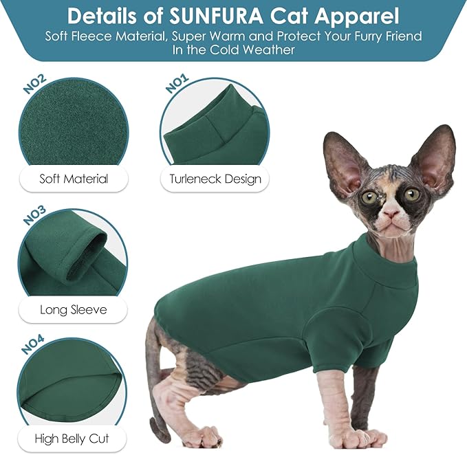 SUNFURA Turtleneck Sweater for Cat, Sphynx Hairless Cats Shirt Sweaters with Sleeves, Warm and Soft Kitten Pullover Fleece Winter Pajamas Jumpsuit for Puppy, Green L