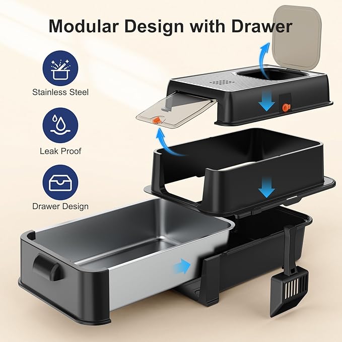 FURTIME Stainless Steel Litter Box with Lid, XL Extra Large Cat Litter Box for Big Cats, Enclosed Drawer Metal Litter Boxs with High Sided Enclosure & Mat, Front & Top Entry, Odor Free, Anti-Leakage