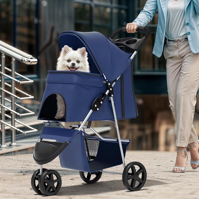 Magshion 3-Wheel Pet Stroller, Foldable Travel Jogger for Small & Medium Dogs & Cats (Up to 33lbs), Lightweight Carrier with Breathable Mesh Cover, Cup Holder & Storage Basket, Navy Blue