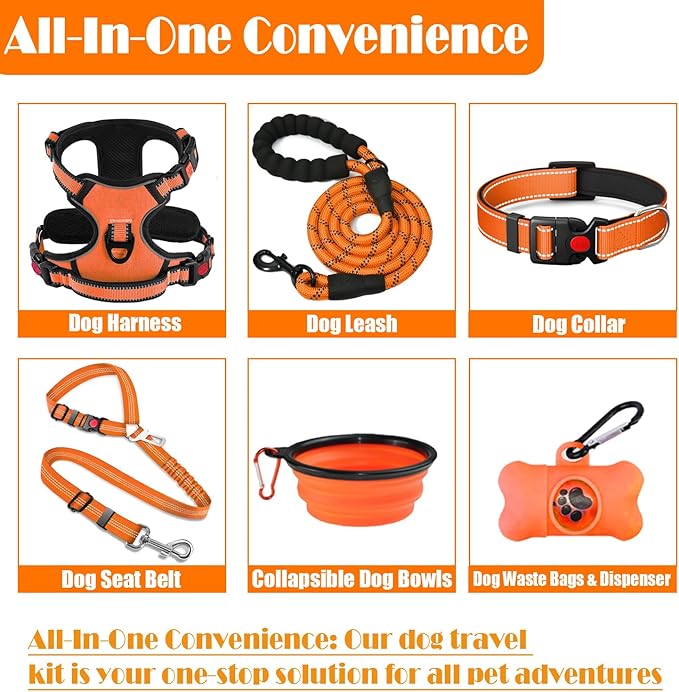 No Pull Dog Harness, Collar & Leash Set | Includes Dog Seat Belt, Collapsible Bowls & Poop Bag Dispenser. Ideal for Training, Walking, Hiking. Fits Small to Large Dogs(Orange-M)
