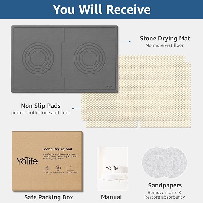 Yolife Extra Large Dog Water Bowl Mat, Fast Water Absorbing Stone Pet Feeding Mat for Messy Drinkers, Stone Drying Mat for Dogs Food and Water Bowls, Dog Cat Food Mats for Floors(31.5” x 19.7”, Grey)