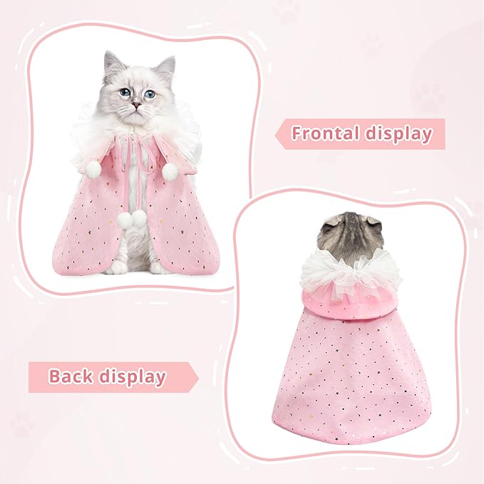 KOUPA Pet Wedding Costume for Cat Small Dogs, Sparkly Cat Clothes Tulle Cloak for Puppy Kitten, Halloween Dog Outfit Suit for Party Holiday Christmas, Pink